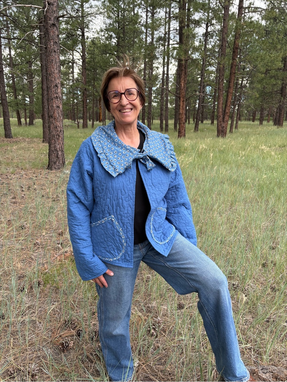 The “Millie” Blue Quilted Women's Jacket with Floral Collar